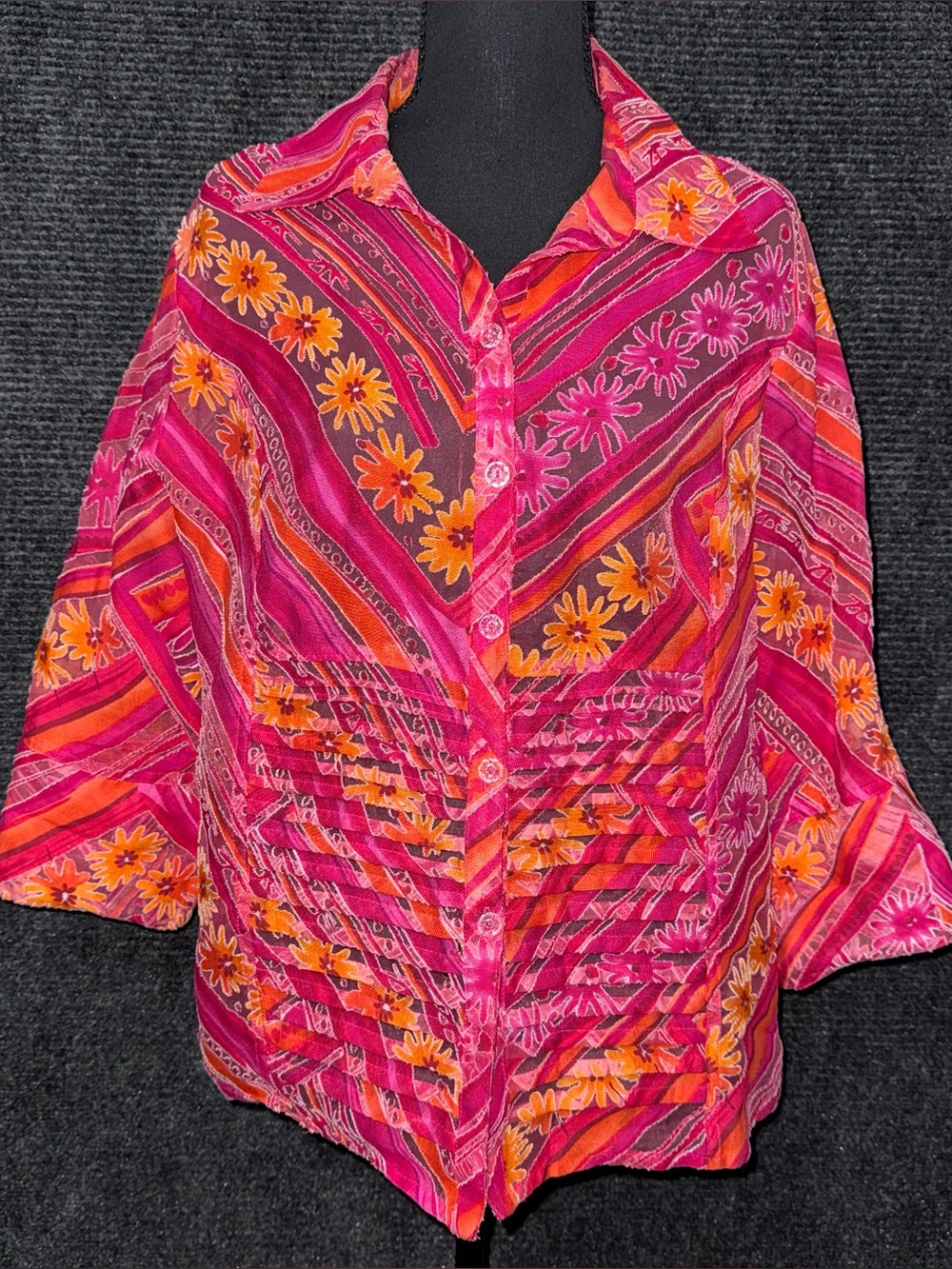 Sheer Blouse Diagonal Stripe Daisy Floral Orange Pink Tropical Summer Vacation L